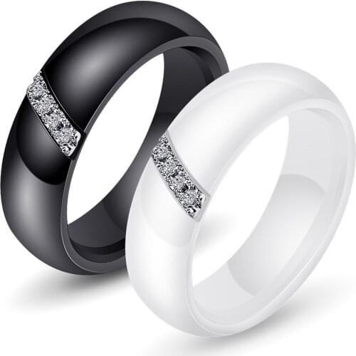 Fashion White Black Ceramic Rings For Women Smooth Surface Inlaid Zircon Women Ring Stainless Steel Wedding Engagement Gift