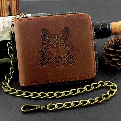 Mens Cowboy Crazy Hourse Leather Zip Wallet Card Holder Coin Purse With Chain