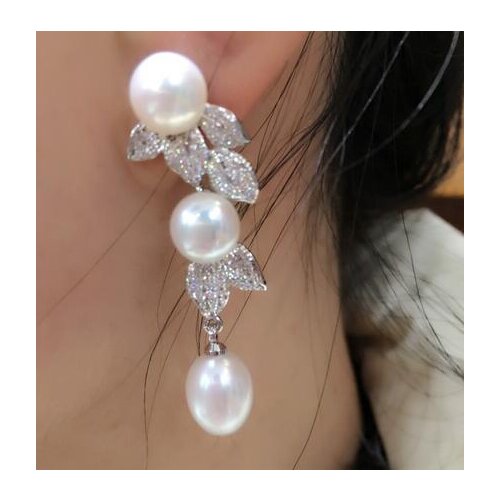 Natural white freshwater pearl micro inlay zircon leaf drop earrings