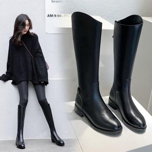 New high boots low heel knee leather back zipper boots black casual round head boots fashion womens boots