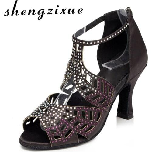 Shengzixue latin dance shoes Size of 4-11 womens light satin high quality color wine red heel 85mm soft outsole