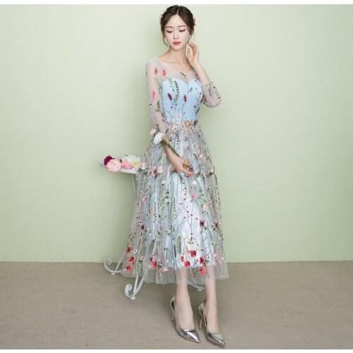 Embroidery Chinese Dress Sexy Cheongsam Long Qipao Women Traditional Oriental Style Dresses Blue Evening Gown Robe Orientale