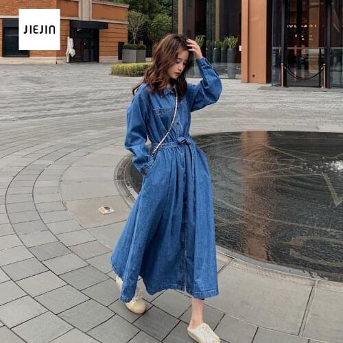 Korean Plus Size Denim Dress For Women Casual Dress Women Cowboy Lapel Long Sleeve Long Shirt Vestido Elegant Work Dressse 2xl