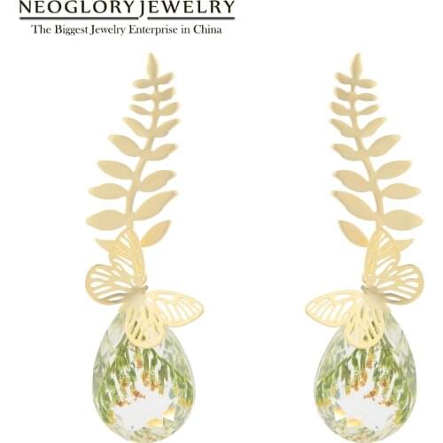 Neoglory Golden Olive Branch & Butterfly Drop Earrings For Women Anti Allergy Drop Resin Crystal Charm Earring Gifts