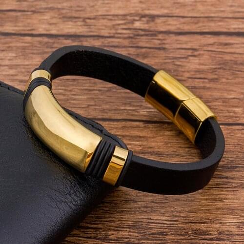 Charm Braided Rope Gold Magnetic Black Leather Name Customized Bracelet Men Bangles Jewelry Wholesale Accessoris