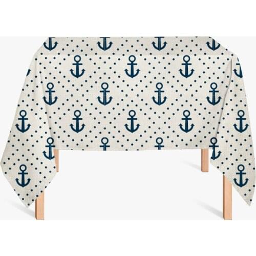 Ocean Dark Blue Anchor Print Linen Tablecloth Rectangle Picnic Mat Table Cover Decoration Home Desk Restaurant Party