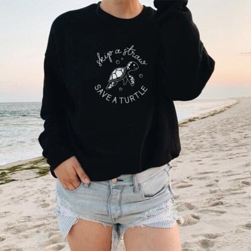 Turtle Letter Print Black O Neck Vintage Casual Sweatshirt Women Long Sleeve Plus Size Streetwear Girls Tops Autumn New 7 Color