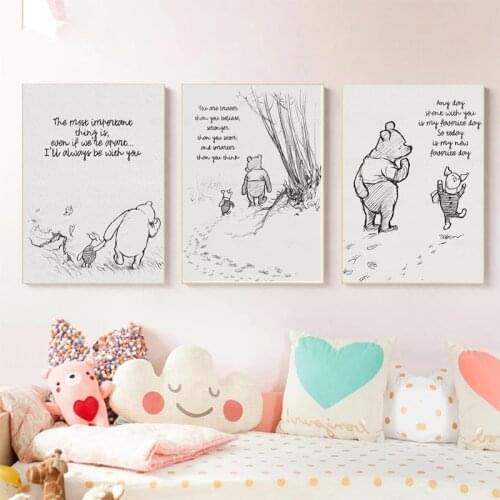 Winnie The Pooh Quotes Movie Canvas Painting Posters and Prints Classic Cartoon Art Black White Picture Kids Room Home Decor