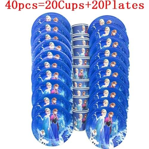 High Quality Party Decoration Cartoon Frozen Anna Elsa Theme 20/40Pcs Wedding Birthday Party Paper Cups Plates Party Supplies