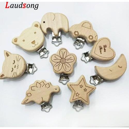 2019 Lovely Engraving Wooden Natural Beech Wood Baby Pacifier Clips Dummy Clips DIY Pacifier Chain Accessory