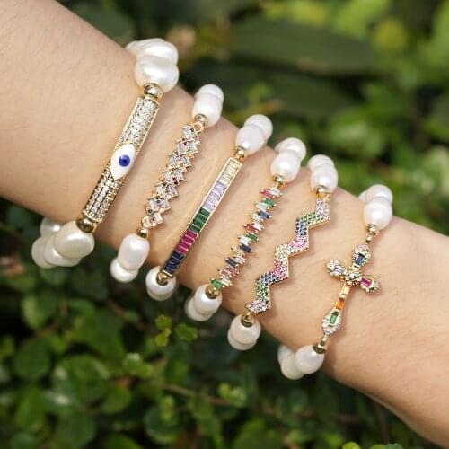 2020 new natural freshwater pearl cultured beads inlaid connector paved rainbow charm colorful style beaded bracelet woman girl