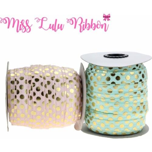 5/8"16mm(1.5cm) gold foil polka dots printed fold over elastic ribbon glitter band diy handmade hair bows sewing tool 50 yards