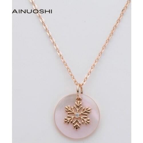 AINUOSHI 18K Gold Real Diamond 1.71ct Mother-Of-Pearl Snowflake Romantic Style Pendant Necklace Women Charm Jewelry Gift 18
