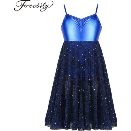 Girls Ballet Tutu Dress Glossy Spaghetti Straps Shiny Sequins Mesh Ballerina Stage Leotard Kids Lyrical Dance Costumes