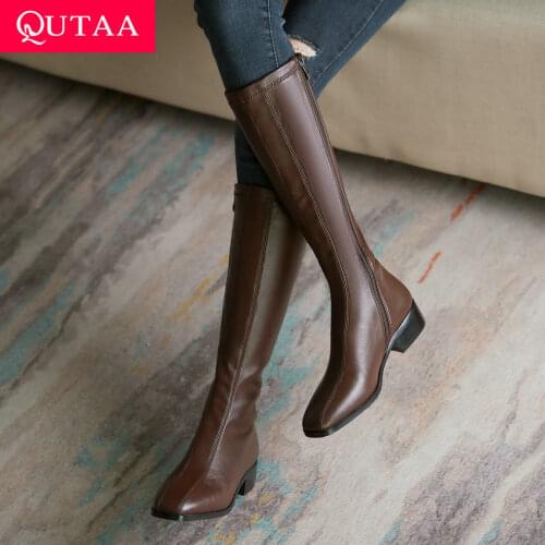 QUTAA 2021 Square Toe All Match Knee High Boots PU Leather Zipper Winter Shoes Fashion Square Heel Women Long Boots Szie 34-40