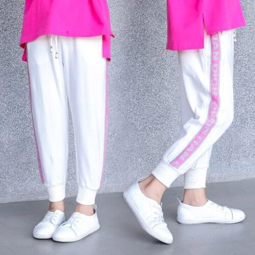 Fashion Summer Girls Pants Spring Children Cotton Letter Print Long Pants Casual Fall Clothes Teenage Loose Trousers Black/white