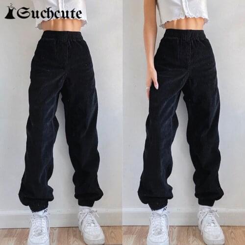 SUCHCUTE Womens Y2K Vintage Corduroy Pants Low Waist Female Gothic Black Trousers Streetwear 90s Outfits Harem Pants