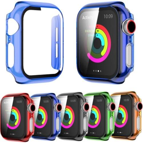 PC Frame Glass Case for Apple Watch 6 Series SE/5/4/3/2 40/44mm 38/42mm Cover Transparent Protector Light Bumper for iWatch Belt