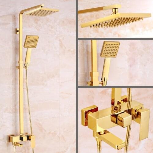 Onyzpily Golden Luxury Bath Shower Mixers 8" Rainfall Shower Faucet Set One Handle Wall Mounted with Hand Shower Multifunction