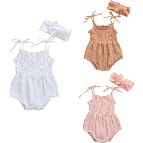 Focusnorm Summer Infant Newborn Baby Girls Romper Sleeveless Solid Cotton Linen Jumpsuit Strap Jumpsuits +Headband 2Pcs Clothing