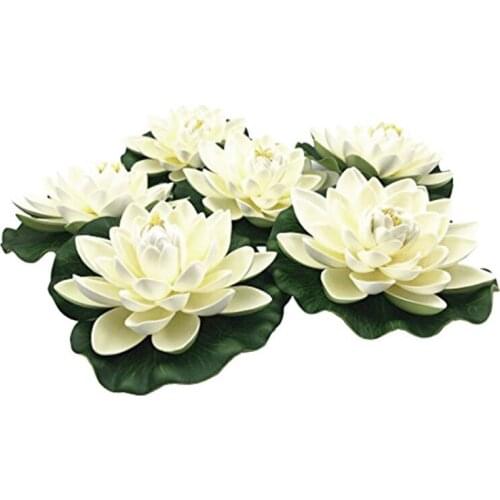 6Pcs Artificial Floating Foam Lotus Flowers,With Water Lily Pad Ornaments,Ivory White,Perfect for Patio Koi Pond Pool Aquarium H
