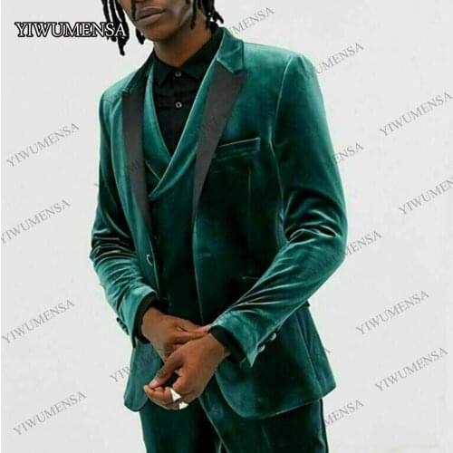 Green Velvet 3 Pieces Mens Suits Single Breasted Peak Lapel Blazer Formal Wedding Business Work Wear Tuxedos Coat&Vest&Pants