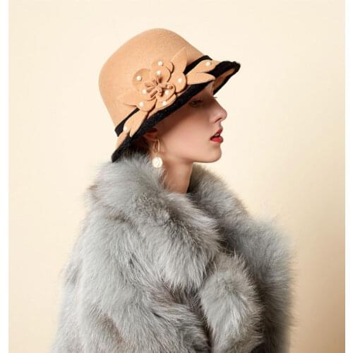 New Winter Hat For Women Wool Elegant Lady Fashion Solid Colors Warm Cap Autumn Brand Gorro Pearl Decoration