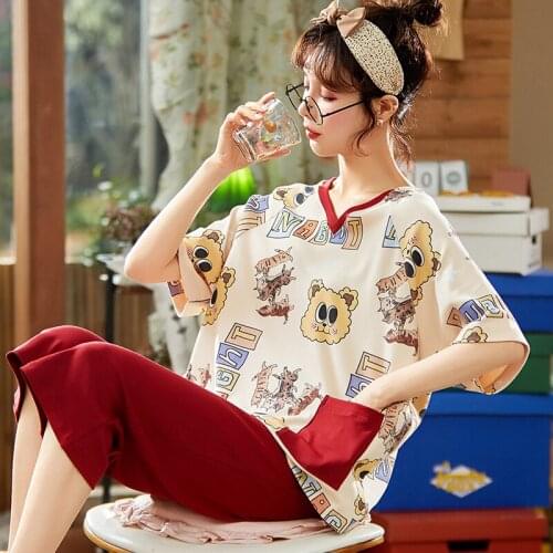 Pajamas Women Summer Short Sleeve Cropped Trousers Nightwear Suit Loose Thin Cartoons Sleepwear Two piece Set Plus Size H1352