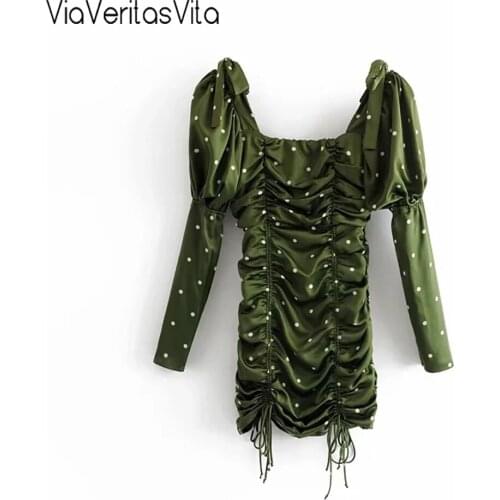 Polka dots print Womens green Dress puff sleeve sexy Mini Dress Vestidos high waist for love bodycon party satin Dress silky