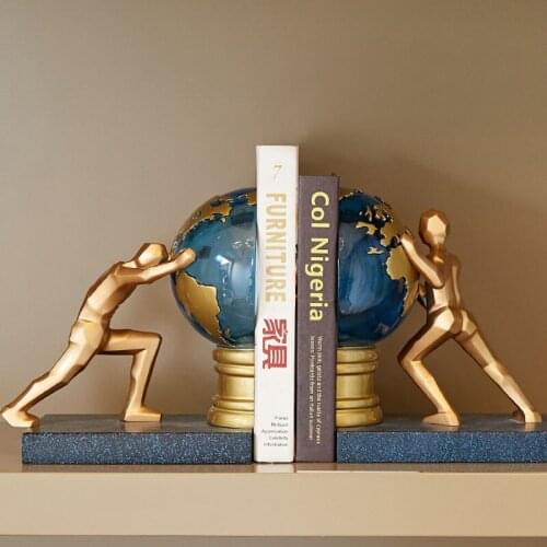 Luxurious Bookends Home Decoration Ornaments Art Crafts Gold Figure & Global Book Stand Office Bookcase Decoration Furnishings