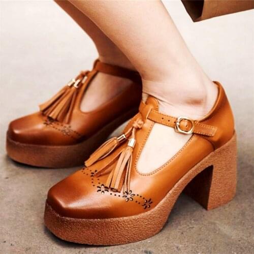 Marty Janes Women Genuine Leather High Heels Square Toe T Strap Party Pumps Oxfords Ankle Boots Tassel Shoes 34 35 36 37 38 39