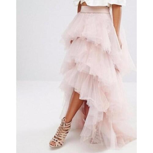 Gorgeous Light Pink Tulle Skirt Layered Tiered Puffy Women Tutu Skirts Cheap Formal Cocktail Party Gowns High Low Long Skirts Cu