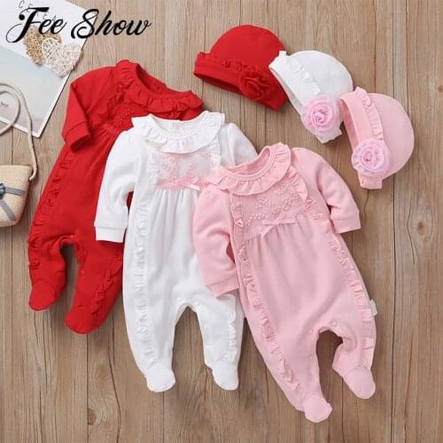Spring Autumn Baby Girl Clothes Outfit Newborn Girl Suit Princess Style Lace Footed Rompers+Hats Baby Sets Infant Jumpsuit Gifts