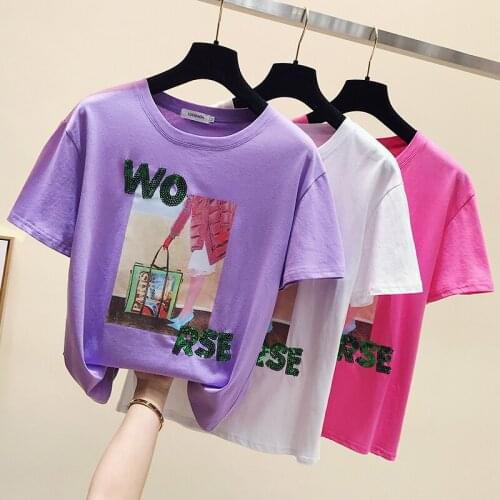 VERHELLEN Cotton White T-Shirt Women Tops New 2020 Summer Korean Fashion Short Sleeve Sequin TShirt Casual Tee Shirt Femme