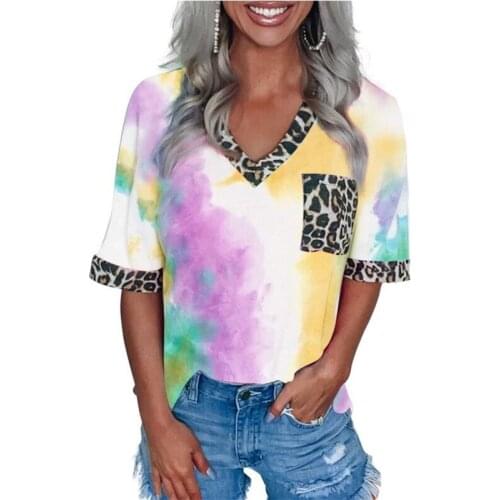 Women Casual Tie-Dye T Shirt New Plus Size Leopard Pocket Patchwork V Neck Short Sleeve T-Shirts Female Colorful Tie-dye T-shirt