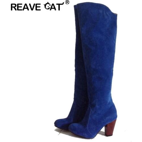REAVE CAT Women boots Plus size 34-43 Women shoes High heels Women knee boots Flock zapatos de mujer botines mujer bota feminina