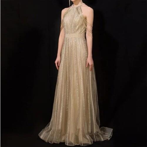 Dubai Luxury Elegant Sleeveless Sexy A-Line Evening Dresses 2020 For Women Diamond Beading Tassel Formal Party Gowns