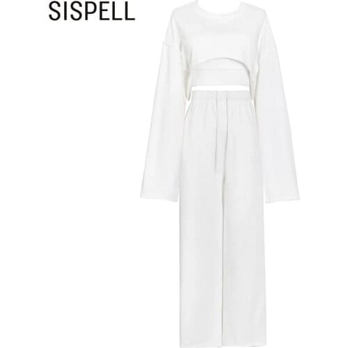 SISPELL Casual Sets For Female Pure Color O Neck Long Sleve Cropped T Shirt With Belt High Waist Loose Pants Womens Casual Set