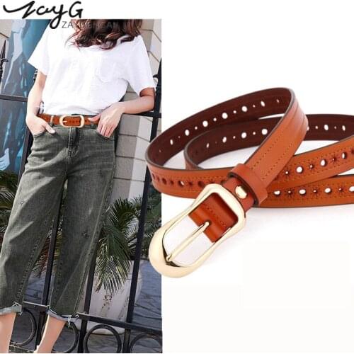 ZAYG Fashion Womens Dress Jeans Genuine Leather Belts Women Hollow Fine Flower Pin Buckle Leather Belt Luxury Casual Belt