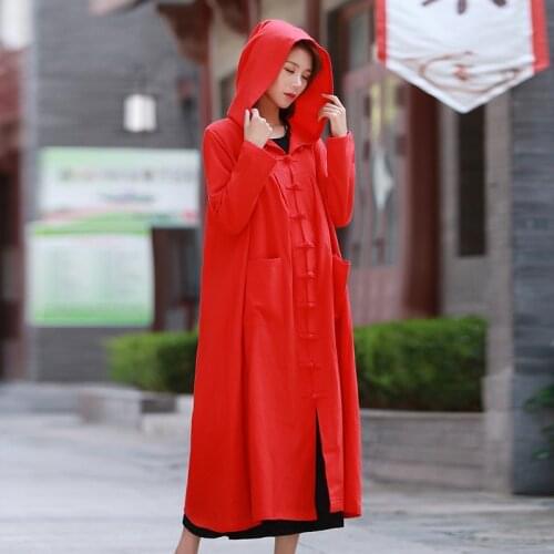 Autumn 2018 female vintage gown hooded robe with retro button dress hot pure colors long outwear