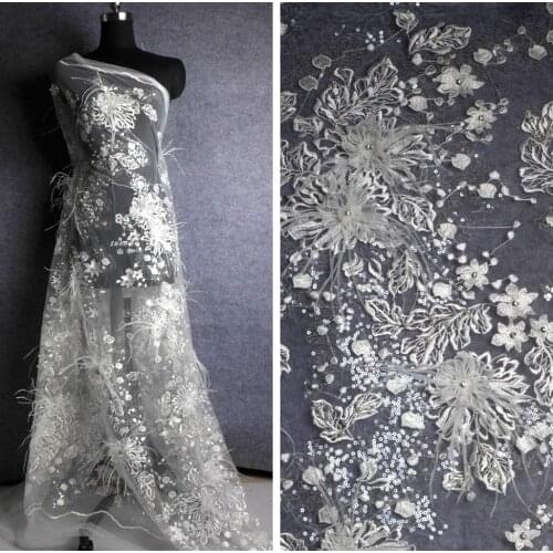 1 yard black/Off white handmade 3D flowers pearls rhinestones feather and sequins on mesh lace fabric