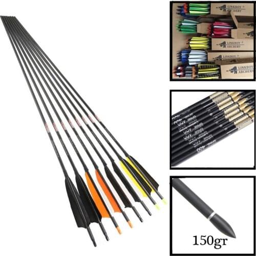 12pcs Linkboy Archery Carbon Arrows Sp400 5inch Turkey Feathers 150gr Tips Compound Traditional Bow Hunting Shooting Outdoor