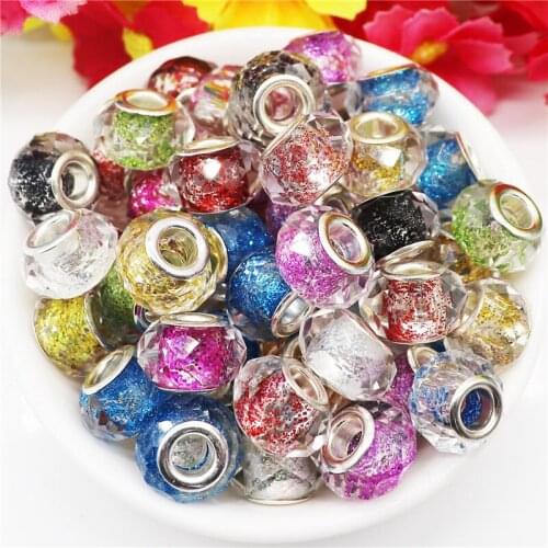 20Pcs Color Glitter Cut Faceted Big Hole Murano Glass Beads Fit European Pandora Bracelet Bangle Snake Chain Women DIY Jewelry