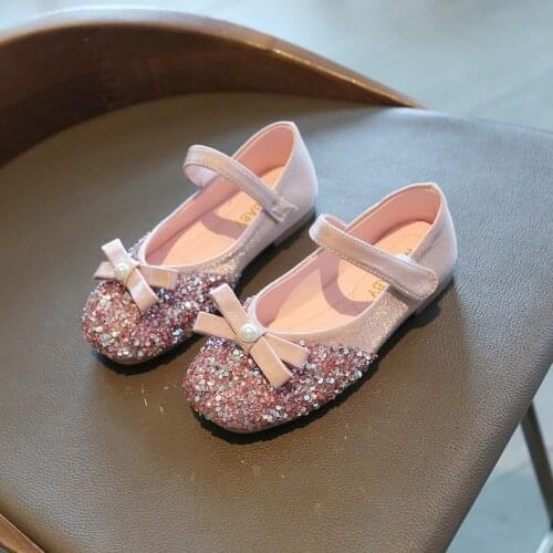 2021 Spring Girls Leather Shoes Cute Bowtie Rhinestone Pearl Kids Princess Shoes Flat Baby Girl Shoes Size 21-35 SMG154