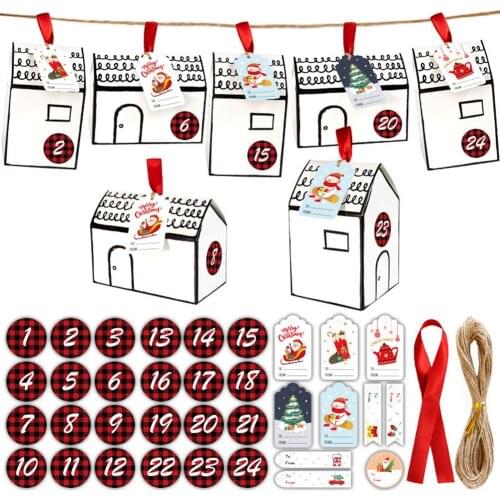 24 Sets Christmas Advent House Candy Box Kraft Paper Cookies Candy Bag Snowflake Tags Countdown Calendar Christmas Tree Decor