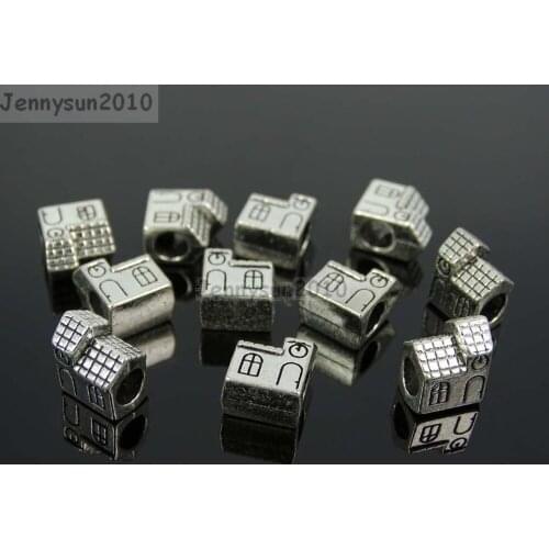 House Tibetan Silver Big Hole Connector Metal Spacer European Charm Beads Jewelry Design Findings Crafts 50Pcs/Pack