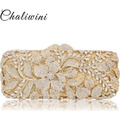 Chaliwini Luxury bags Women Purse Designer Crystal Flower Metallic Clutches Female Chains Shoulder Bags Evening Handbags