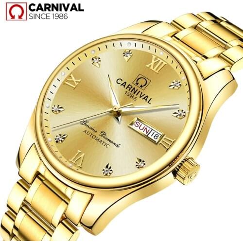 Carnival Fashion Gold Automatic Watch Men Luxury Waterproof Luminous Calendar Business Mechanical Wristwatch Relogio Masculino