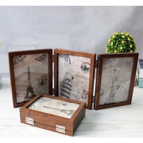 Retro double-sided triple-fold composite photo frame Hinged Picture Frame with Glass Front Made to Display Stands Vertically