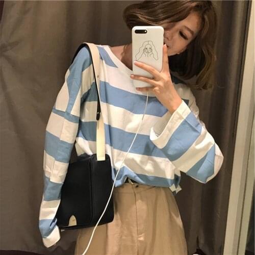 Harajuku women long sleeve t-shirts korean oversized stripe t shirt autumn ulzzang kawaii pink blue black basic tee casual tops
